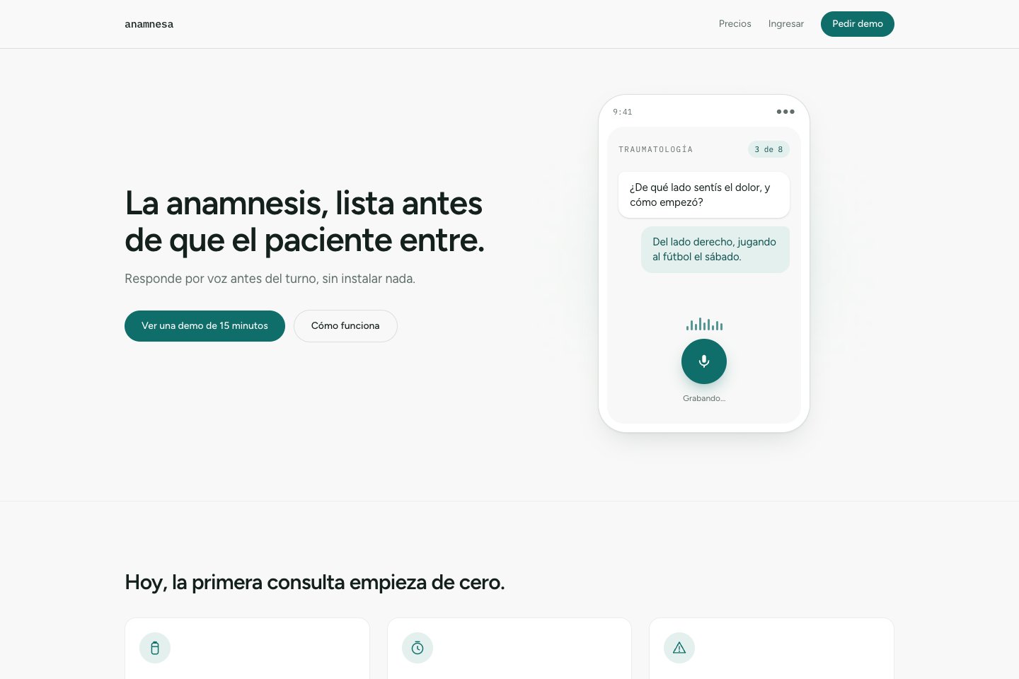 Anamnesa’s public website introducing its voice-based patient history service