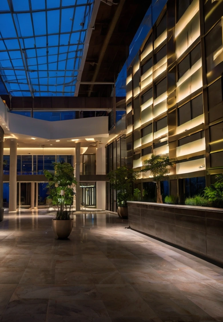 An architectural hall illuminated with warm, indirect lighting